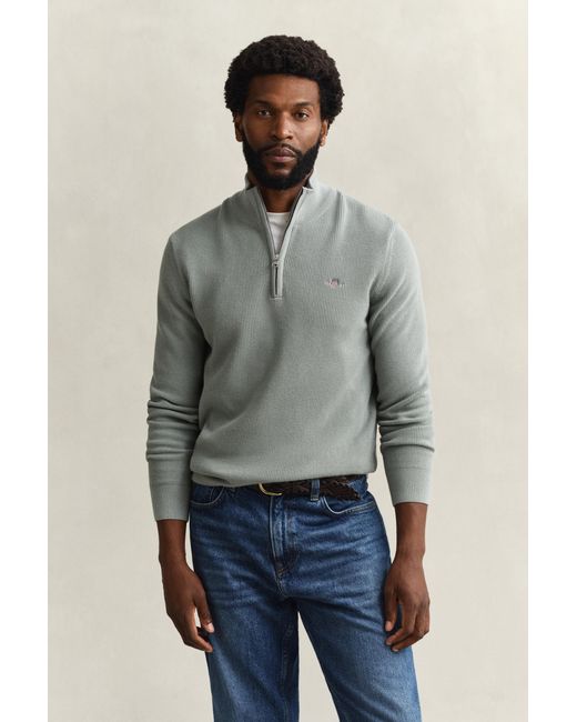 Gant Gray Textured Cotton Half-Zip Sweater for men