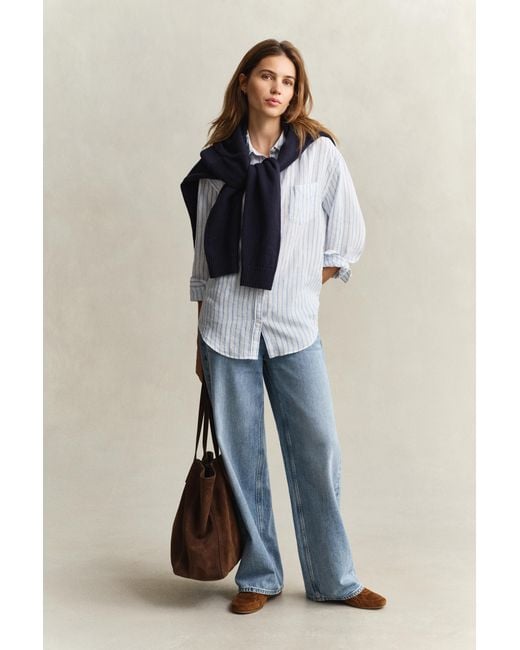 Gant White Relaxed Fit Striped Linen Shirt