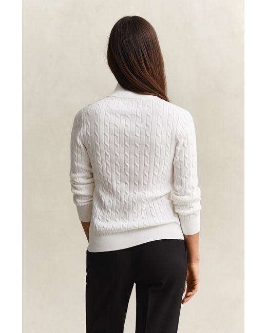 Gant White Stretch Cotton Cable Knit Half-Zip Sweater