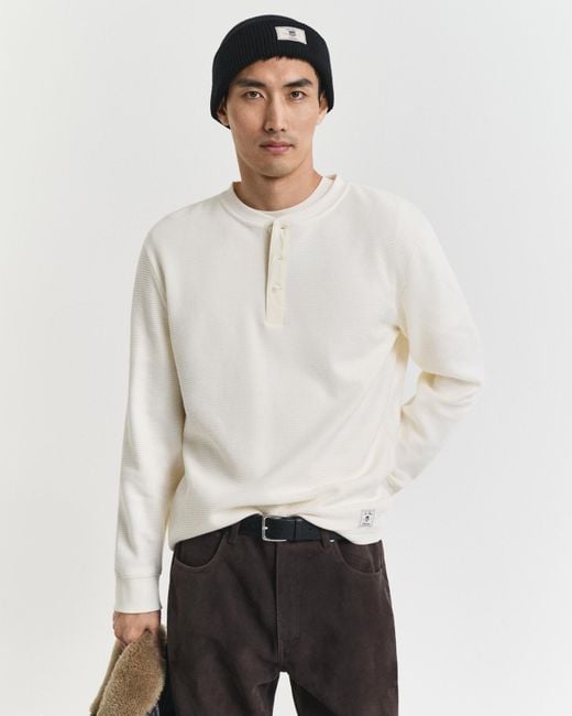 Gant White Waffle Textured Long Sleeve Henley T-Shirt Cream for men
