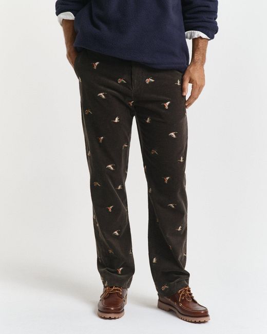 Gant Black Straight Fit Embroidered Corduroy Pants Dark Moss for men