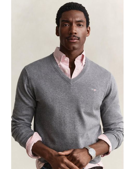 Gant Gray Cotton V-Neck Sweater Melange for men