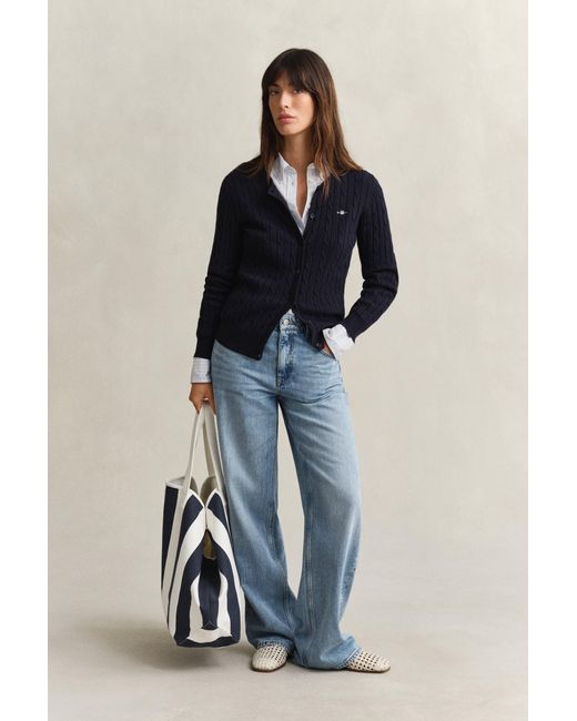 Gant Blue Stretch Cotton Cable Knit Cardigan