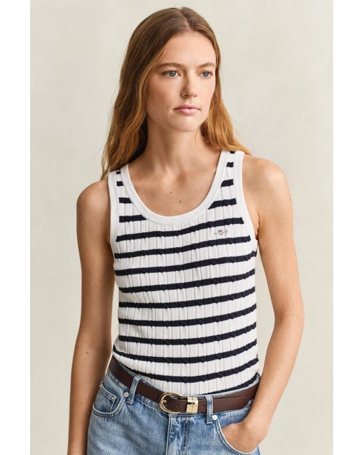 Gant Blue Striped Cable Knit Tank Top Eggshell