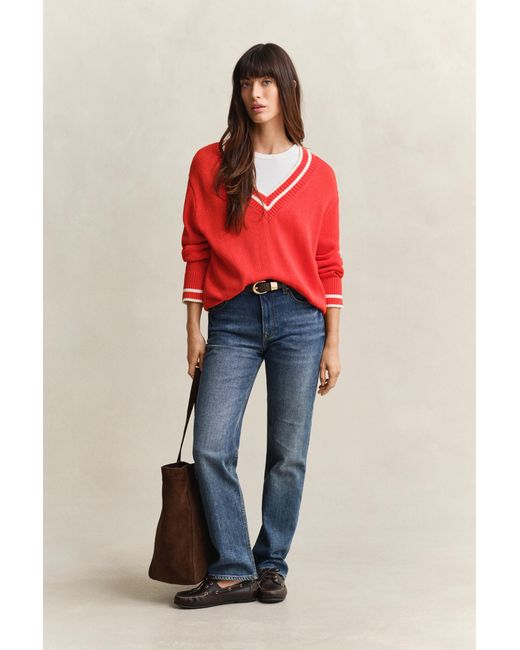 Gant Red Cotton V-Neck Sweater