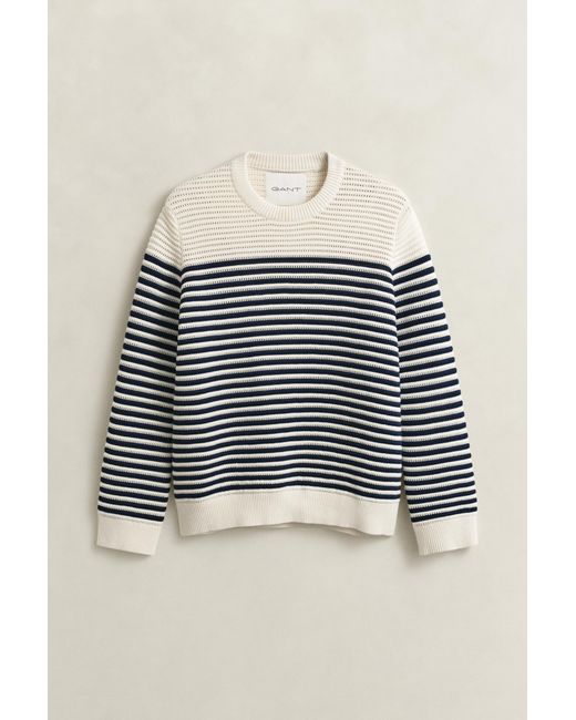 Gant Blue Striped Crew Neck Sweater Cream