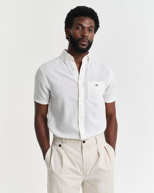 Gant White Regular Fit Cotton Linen Short Sleeve Shirt With Embroidered Shield for men
