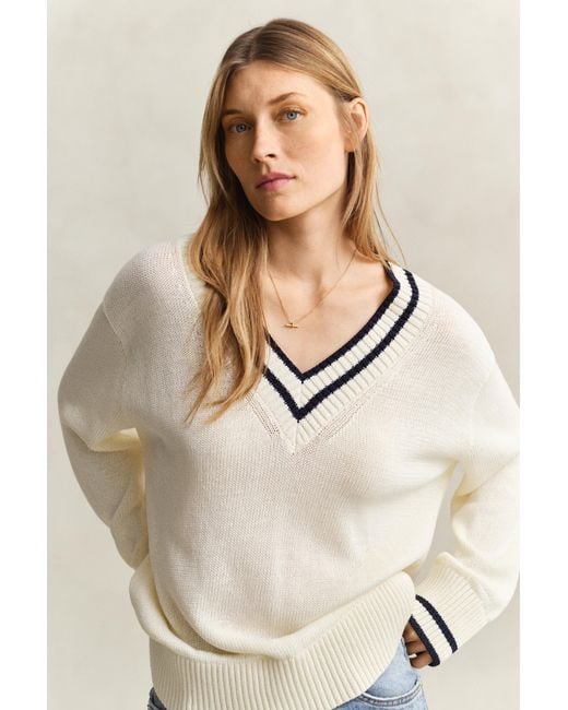Gant Natural Cotton V-Neck Sweater Eggshell
