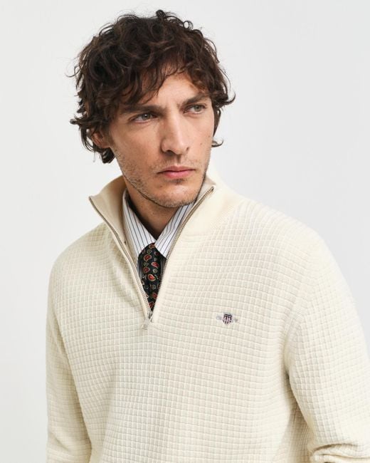 Gant White Textured Cotton Half-Zip Sweater for men