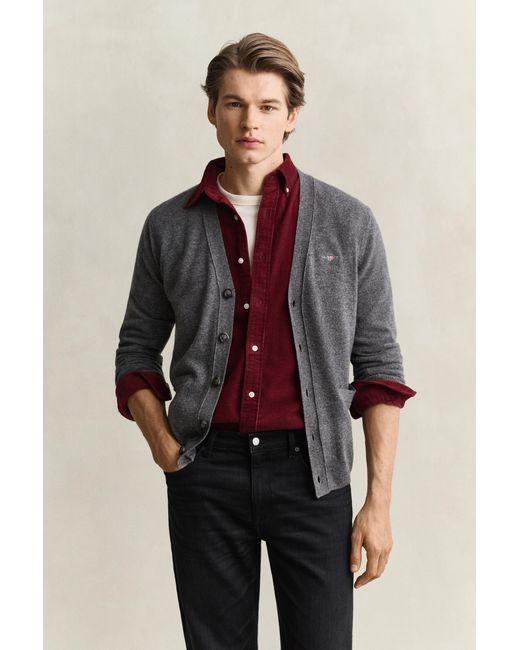 Gant Gray Lambswool V-Neck Cardigan Charcoal Melange for men