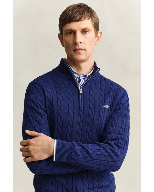 Gant Blue Cotton Cable Knit Half-Zip Sweater Rich for men