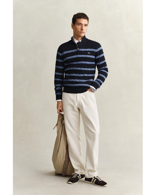 Gant Blue Striped Cotton Cable Knit Half-Zip Sweater Evening for men