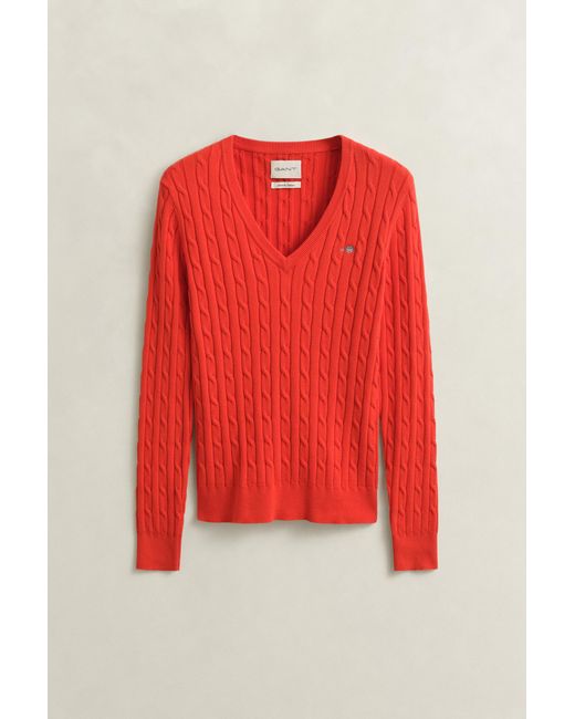 Gant Red Stretch Cotton Cable Knit V-Neck Sweater