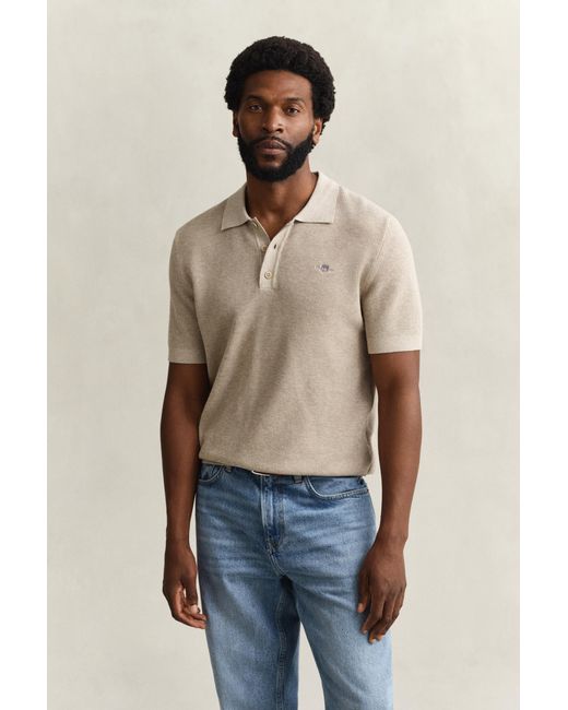 Gant Natural Textured Cotton Polo Sweater Oat Melange for men