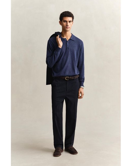 Gant Blue Slub Cotton Blend Polo Sweater Dark Melange for men