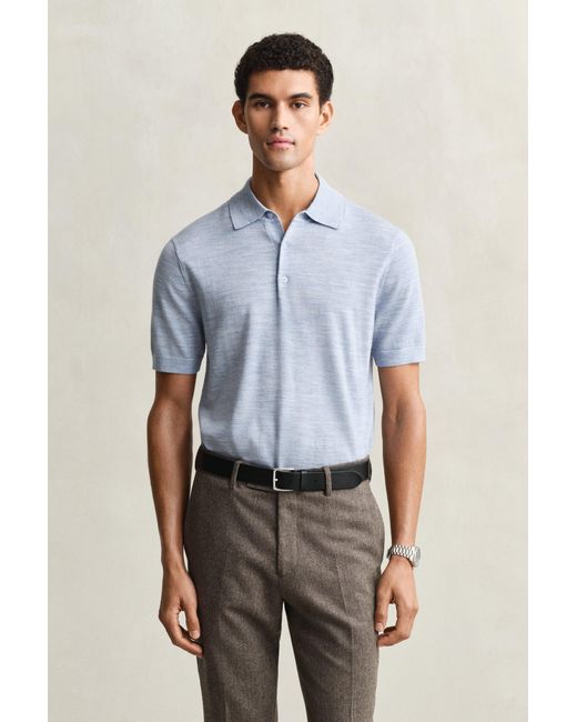 Gant Blue Extra Fine Merino Wool Short Sleeve Polo Sweater Melange for men