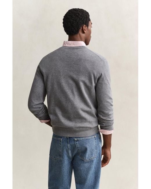 Gant Gray Cotton V-Neck Sweater Melange for men