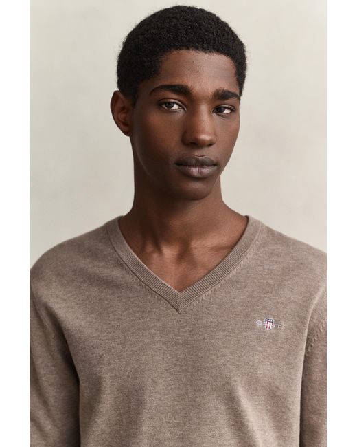 Gant Brown Cotton V-Neck Sweater for men