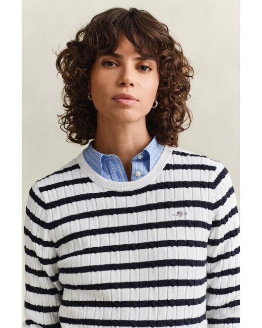 Gant Blue Striped Cable Knit Crew Neck Sweater Eggshell