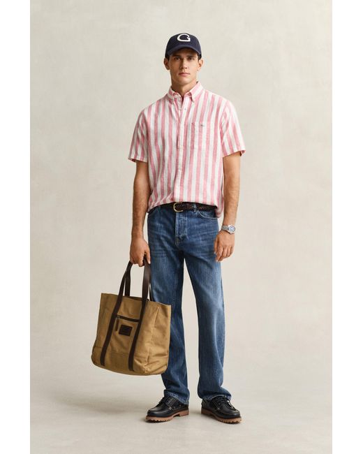 Gant Red Striped Linen Blend Short Sleeve Shirt for men