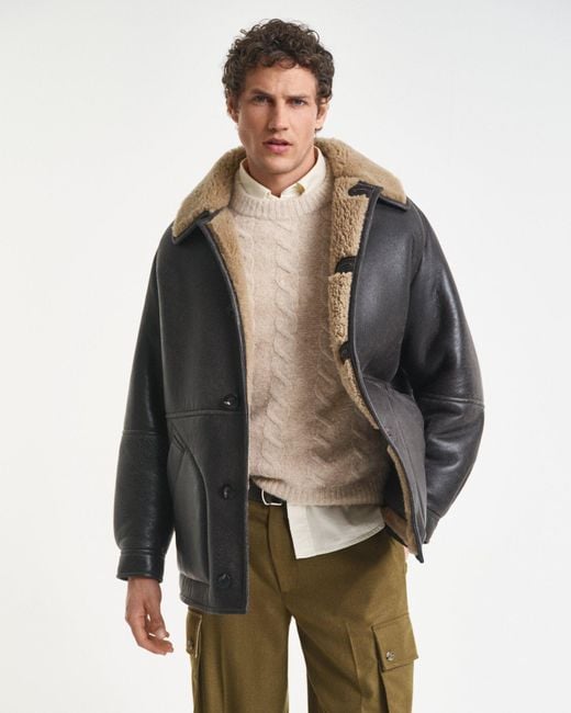 Gant Gray Worn-In Leather Shearling Jacket for men