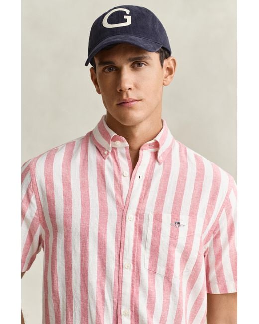 Gant Red Striped Linen Blend Short Sleeve Shirt for men