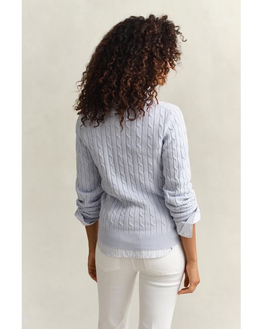 Gant White Stretch Cotton Cable Knit Crew Neck Sweater