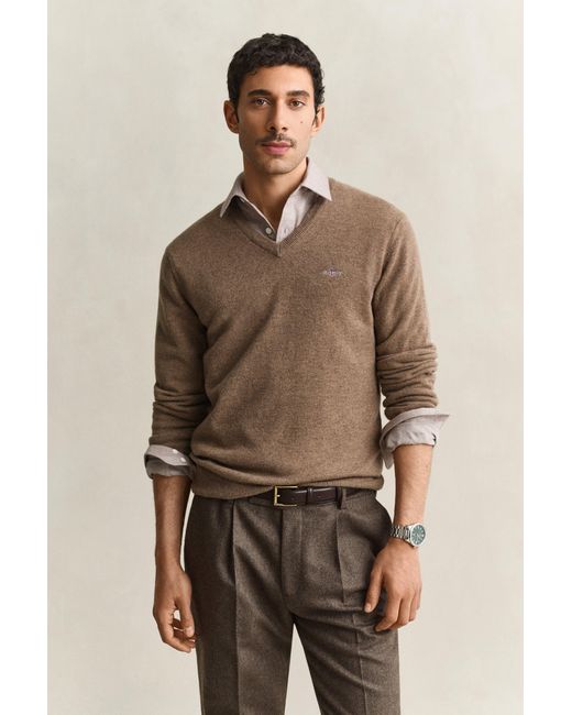 Gant Brown Lambswool V-Neck Sweater Light Melange for men