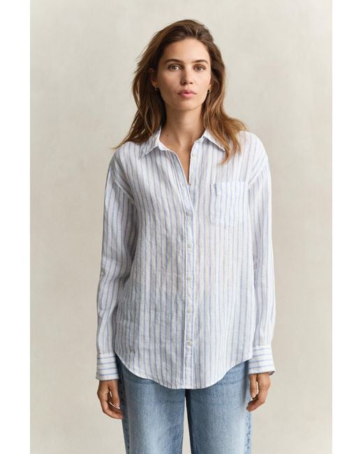 Gant White Relaxed Fit Striped Linen Shirt