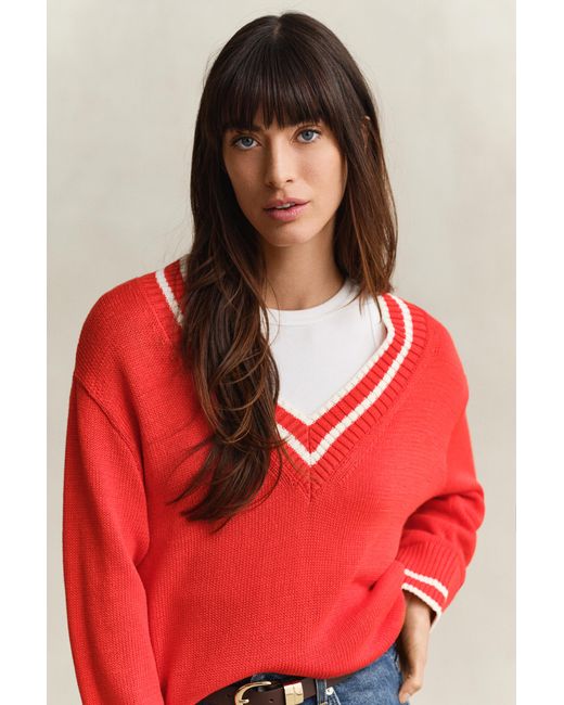 Gant Red Cotton V-Neck Sweater