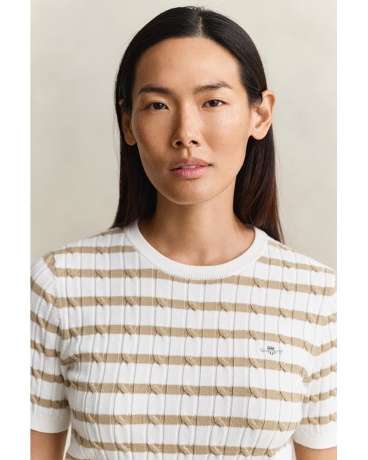 Gant Blue Striped Cable Knit Short Sleeve Sweater