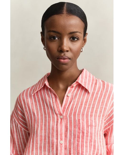 Gant Red Relaxed Fit Striped Linen Shirt