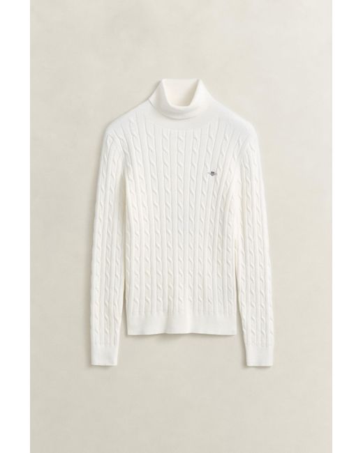 Gant White Stretch Cotton Cable Knit Turtleneck Sweater
