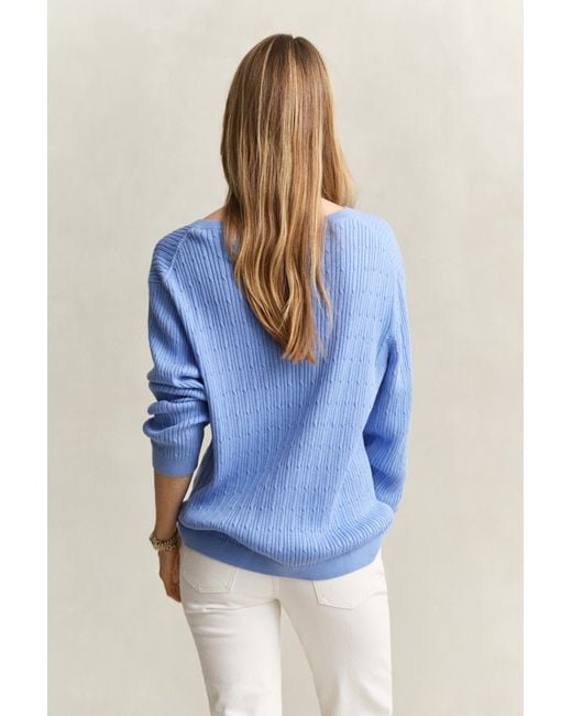 Gant Blue Cable Knit V-Neck Sweater