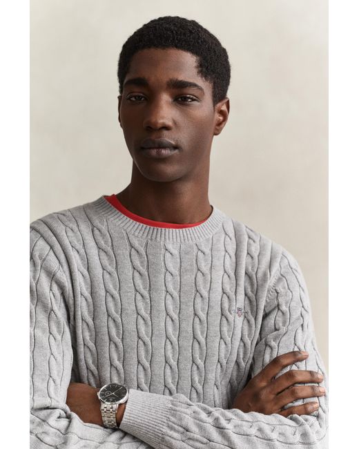 Gant Gray Cotton Cable Knit Crew Neck Sweater Melange for men