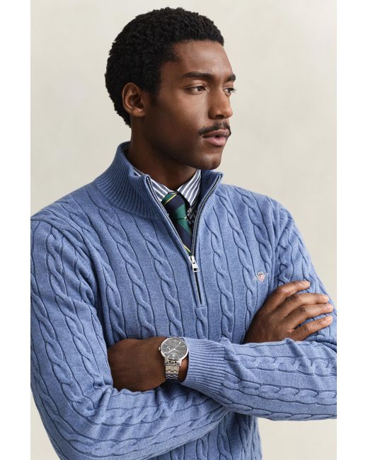 Gant Blue Cotton Cable Knit Half-Zip Sweater Denim Melange for men