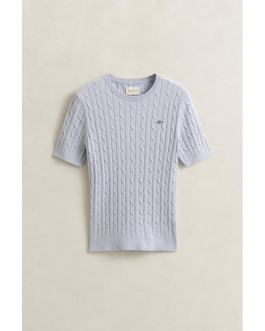 Gant Blue Stretch Cotton Cable Knit Short Sleeve Sweater