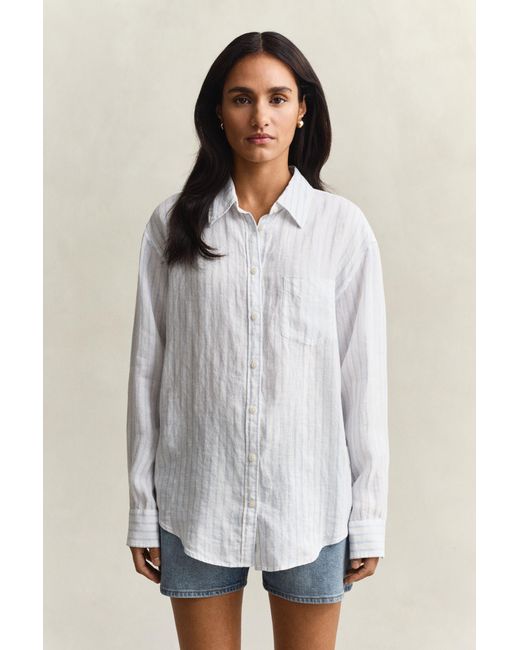 Gant Blue Relaxed Fit Striped Linen Shirt