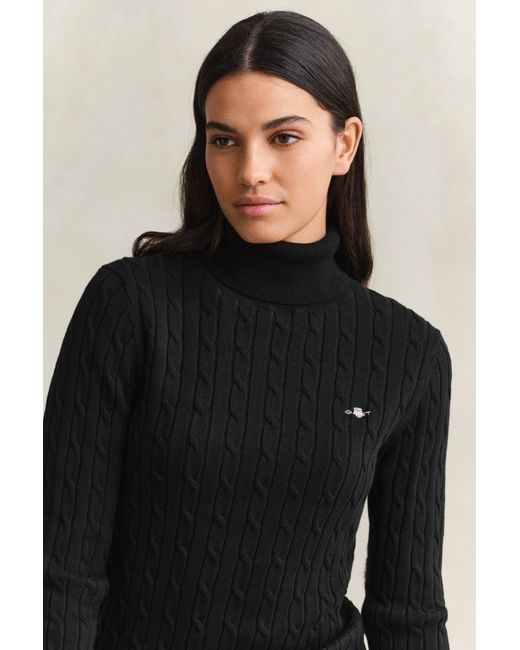 Gant Black Stretch Cotton Cable Knit Turtleneck Sweater