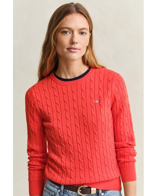 Gant Red Stretch Cotton Cable Knit Crew Neck Sweater