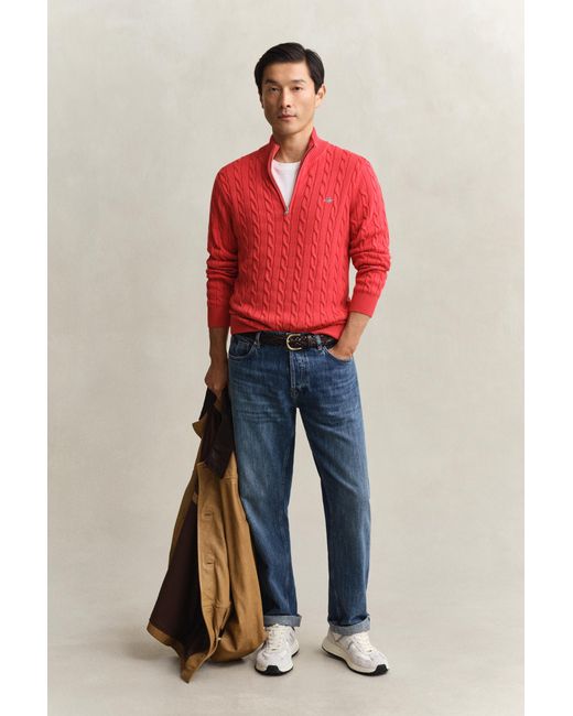 Gant Red Cotton Cable Knit Half-Zip Sweater for men
