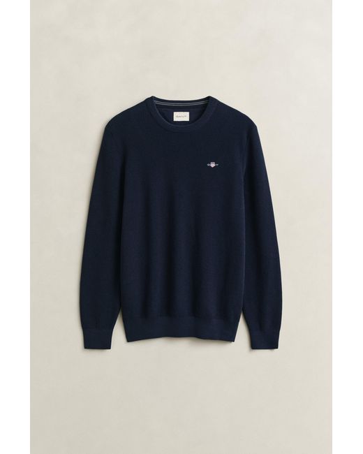 Gant Blue Textured Cotton Crew Neck Sweater Evening for men