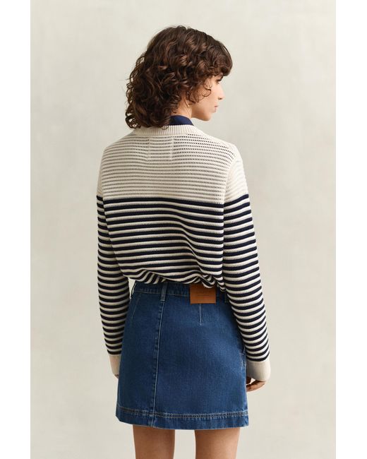 Gant Blue Striped Crew Neck Sweater Cream