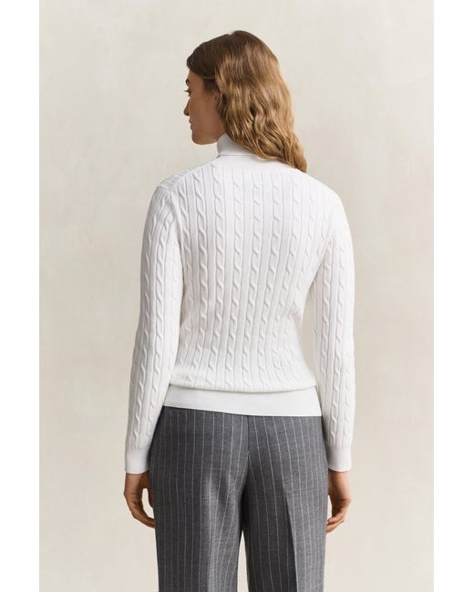 Gant White Stretch Cotton Cable Knit Turtleneck Sweater