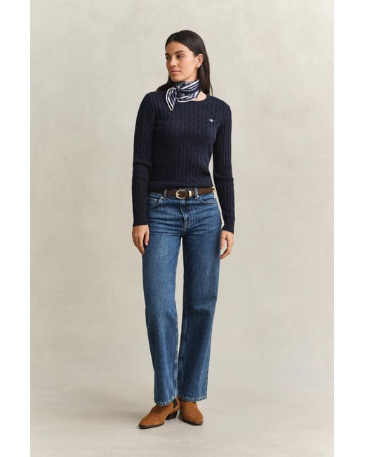 Gant Blue Stretch Cotton Cable Knit Crew Neck Sweater