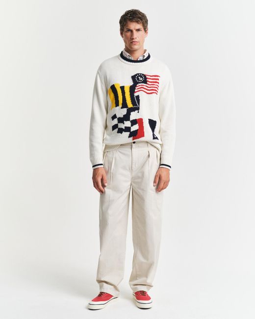 Gant White Relaxed Fit Pleated Cotton Twill Chinos for men