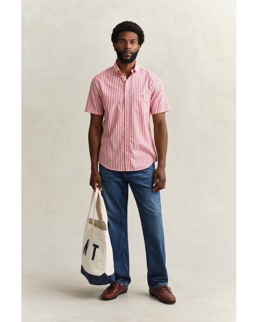 Gant Red Striped Classic Poplin Short Sleeve Shirt for men