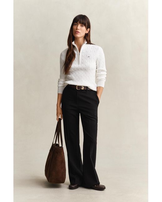 Gant White Stretch Cotton Cable Knit Half-Zip Sweater