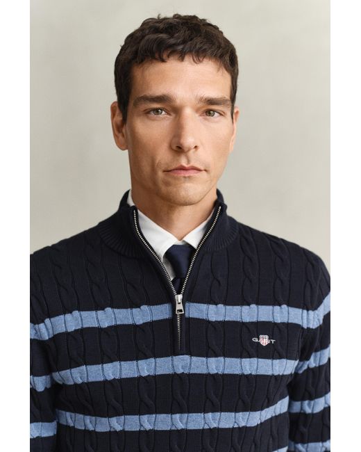 Gant Blue Striped Cotton Cable Knit Half-Zip Sweater Evening for men