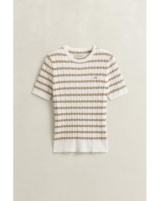 Gant Blue Striped Cable Knit Short Sleeve Sweater